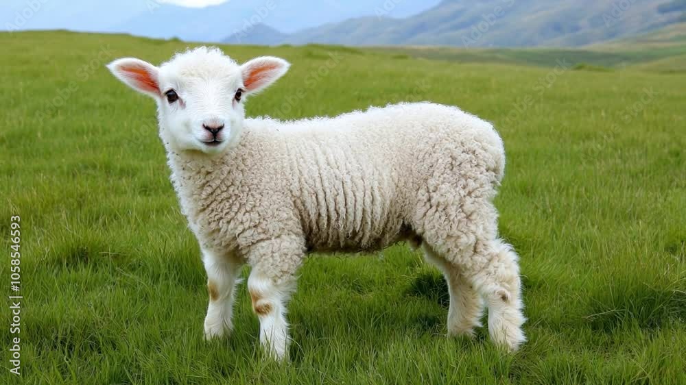A fluffy lamb stands in a lush green meadow on a sunny day in the countryside A fluffy lamb stands in a lush green meadow on a sunny day in the countryside