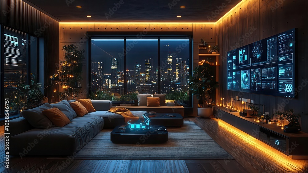 a sleek, modern living room filled with advanced robotics technology, multiple monitors displaying data analytics in real-time, creating a futuristic atmosphere infused with innovation and creativity a sleek, modern living room filled with advanced robotics technology, multiple monitors displaying data analytics in real-time, creating a futuristic atmosphere infused with innovation and creativity