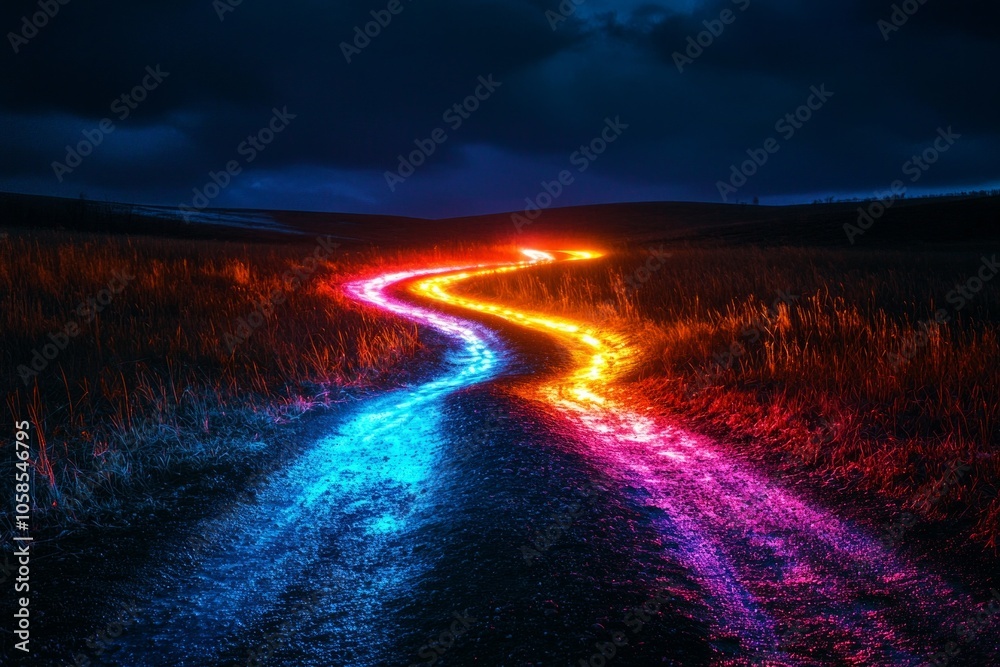 A path glowing in colorful light through a dark landscape A path glowing in colorful light through a dark landscape