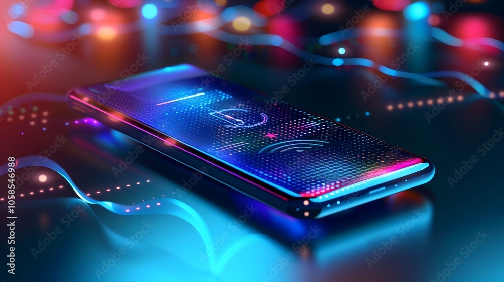 Sleek digital device with glowing screen showing voice assistant interface, hands-free microphone, and sound waves, symbolizing modern technology and convenience. Sleek digital device with glowing screen showing voice assistant interface, hands-free microphone, and sound waves, symbolizing modern technology and convenience.