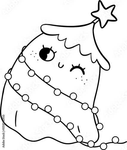 Retro Groovy Christmas ghost tree Cartoon Doodle