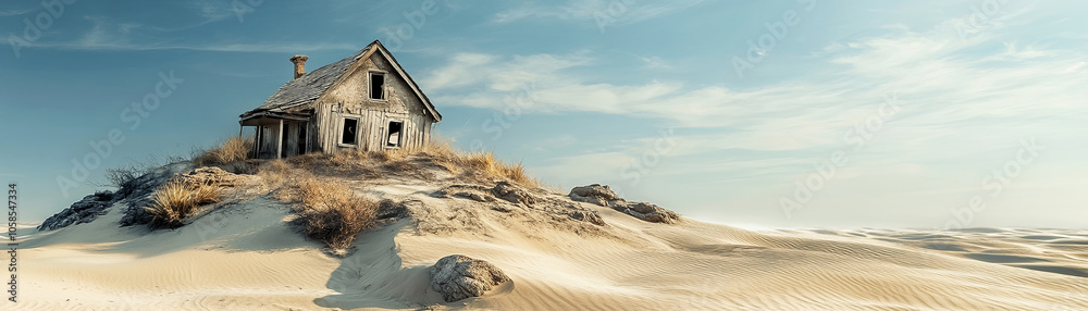 Worn down house surrounded by sand dunes under clear sky, evoking sense of isolation and abandonment. structure stands resilient amidst vast desert landscape Worn down house surrounded by sand dunes under clear sky, evoking sense of isolation and abandonment. structure stands resilient amidst vast desert landscape