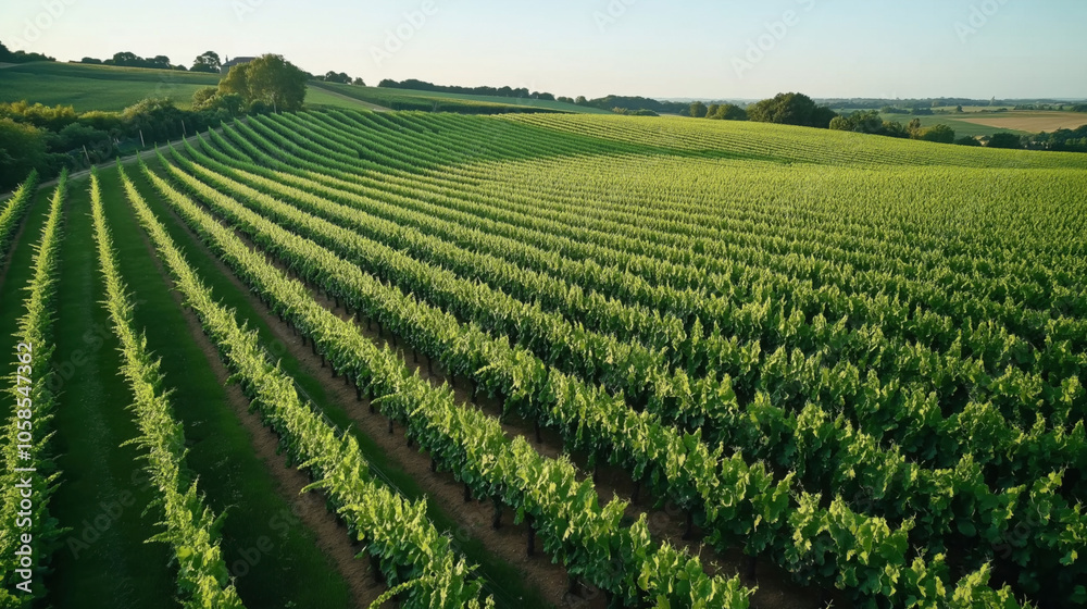 Expansive vineyard landscape with rows of lush green grapevines under a clear blue sky, situated on gently rolling hills surrounded by trees and distant countryside. Expansive vineyard landscape with rows of lush green grapevines under a clear blue sky, situated on gently rolling hills surrounded by trees and distant countryside.