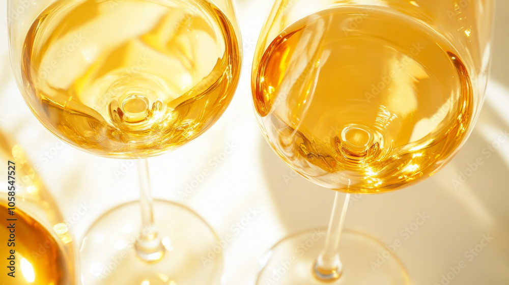 Elegant glasses of golden wine resting on a table, illuminated by soft light in a cozy setting during evening hours