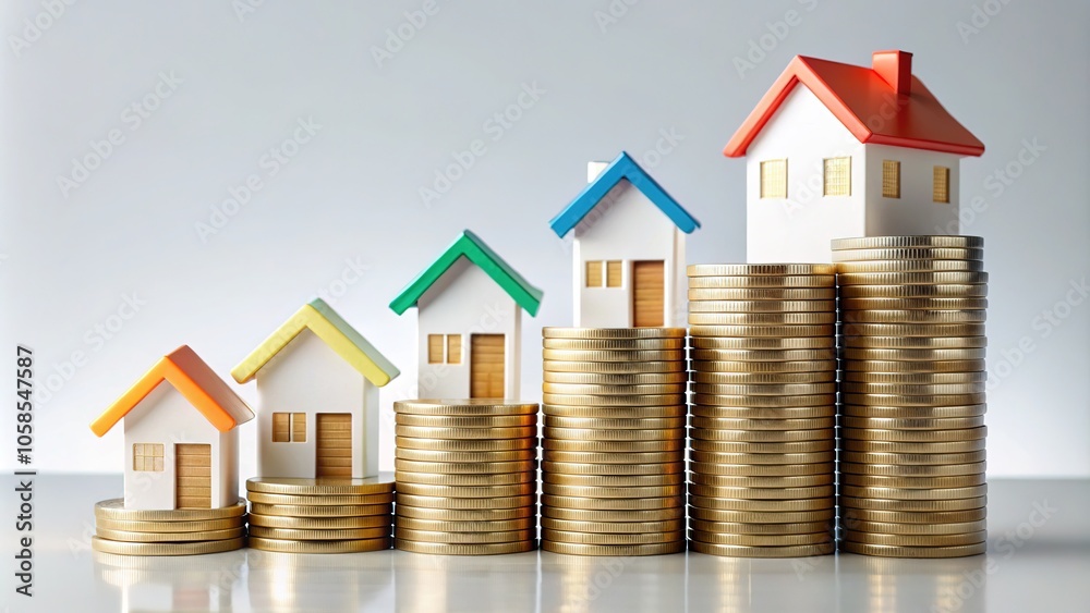 A thriving real estate market represented by a rising arrow and stacked coins, symbolizing robust growth and investment prospects on a pristine white background. A thriving real estate market represented by a rising arrow and stacked coins, symbolizing robust growth and investment prospects on a pristine white background.