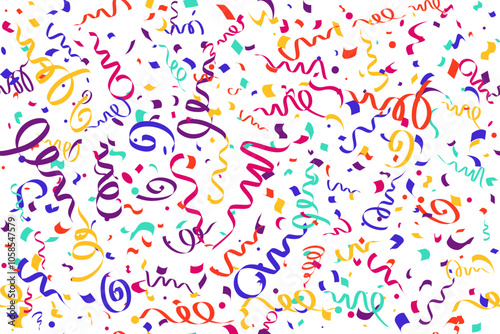 Confetti vector seamless background for birthday party celebration and carnival decoration. Colored ribbons of serpentine falling and firework explosion. Flat illustration