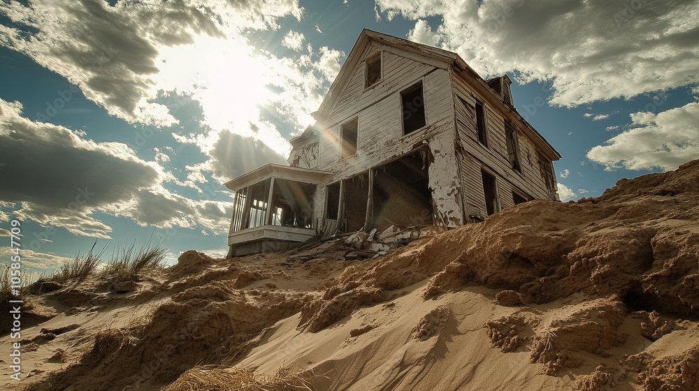 Decaying house on sandy terrain, showcasing erosion and endurance against nature elements. dramatic sky adds to emotional impact of this scene Decaying house on sandy terrain, showcasing erosion and endurance against nature elements. dramatic sky adds to emotional impact of this scene