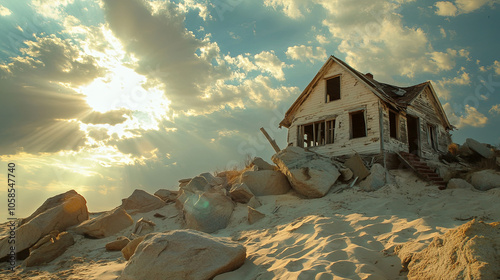 Decaying house on sandy beach surrounded by rocks under dramatic sky