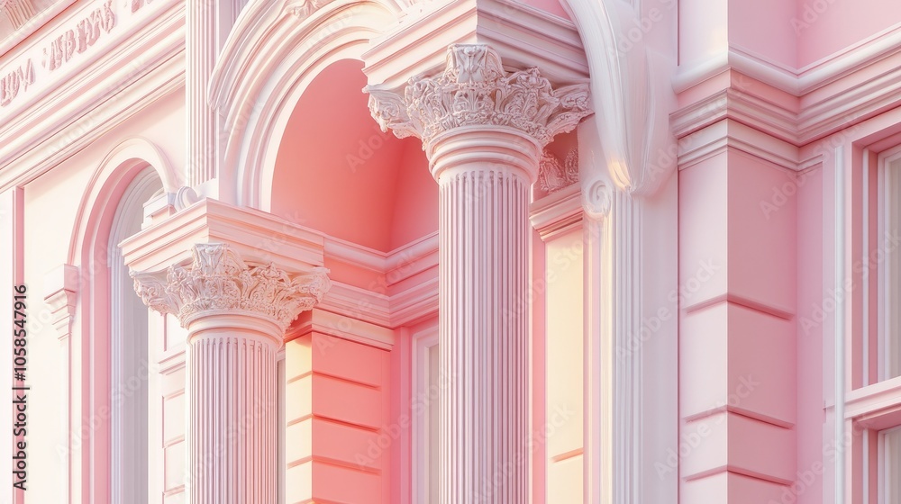 Fototapeta premium Decorative columns on grand building facade, architectural details with open copy space.