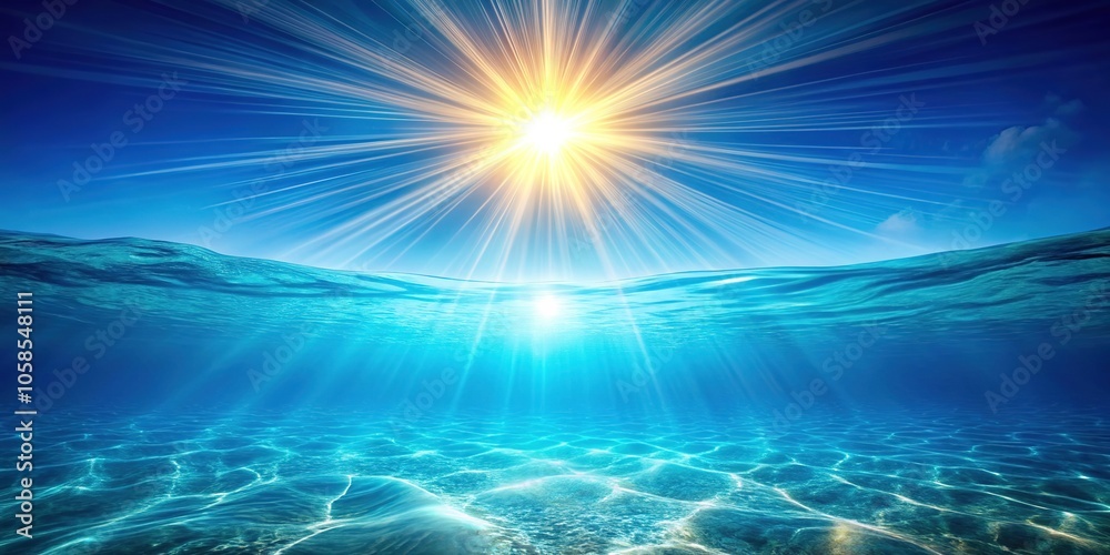A vibrant sunburst illuminates the azure depths, casting ethereal rays. A vibrant sunburst illuminates the azure depths, casting ethereal rays.
