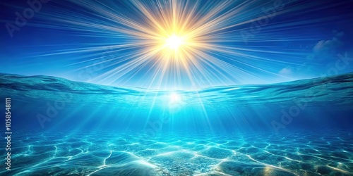 A vibrant sunburst illuminates the azure depths, casting ethereal rays.