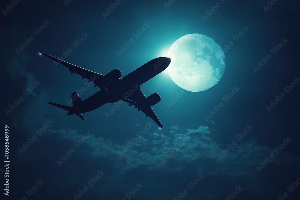 Sleek Aircraft Flying Under Bright Moonlight Sleek Aircraft Flying Under Bright Moonlight