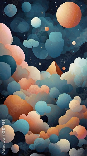 Dreamlike Celestial Landscape With Soft Spherical Clouds And Floating Planets In Gentle Pastel Tones Against A Dark Starry Night Sky