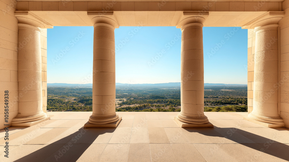 Fototapeta premium Classical stone columns on a building terrace with panoramic view of landscape under clear blue sky