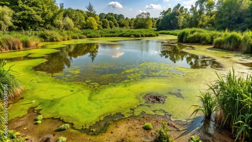 muddy swamp with a large patch of thick, slimy algae, slimy texture, plant life, pondweed, swamp