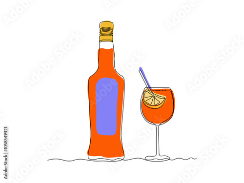 spritz aperol cocktail. Glass bottle with liquor, alcohol. continuous single line art drawing sketch, logo