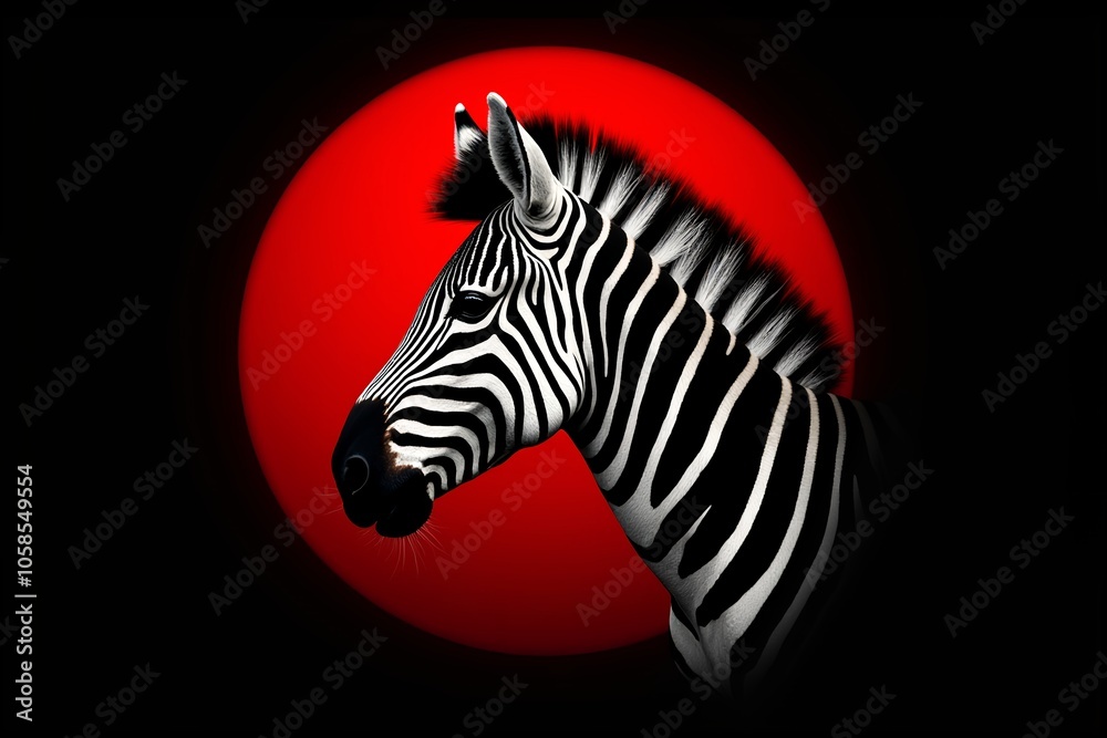 Fototapeta premium Image of a zebra against a red sun. Black background