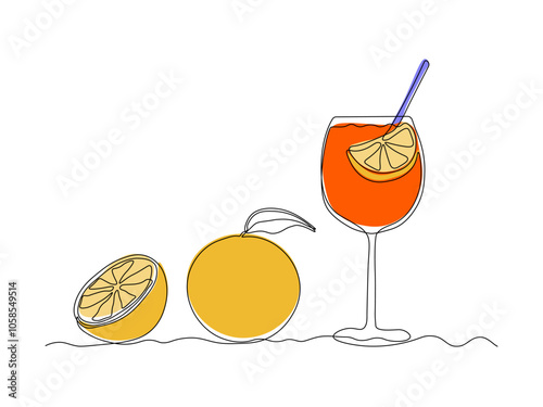 spritz aperol cocktail and orange fruit.  continuous single line art drawing sketch, logo