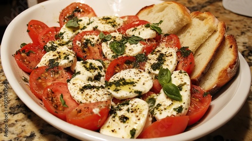 Caprese Salad with Fresh Tomatoes, Mozzarella, Basil, and Garlic Bread