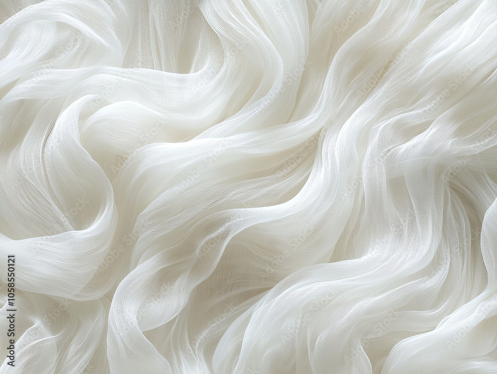 Soft wavy white fabric pattern creates delicate and elegant texture, perfect for backgrounds or fashion design. flowing lines evoke sense of calm and sophistication