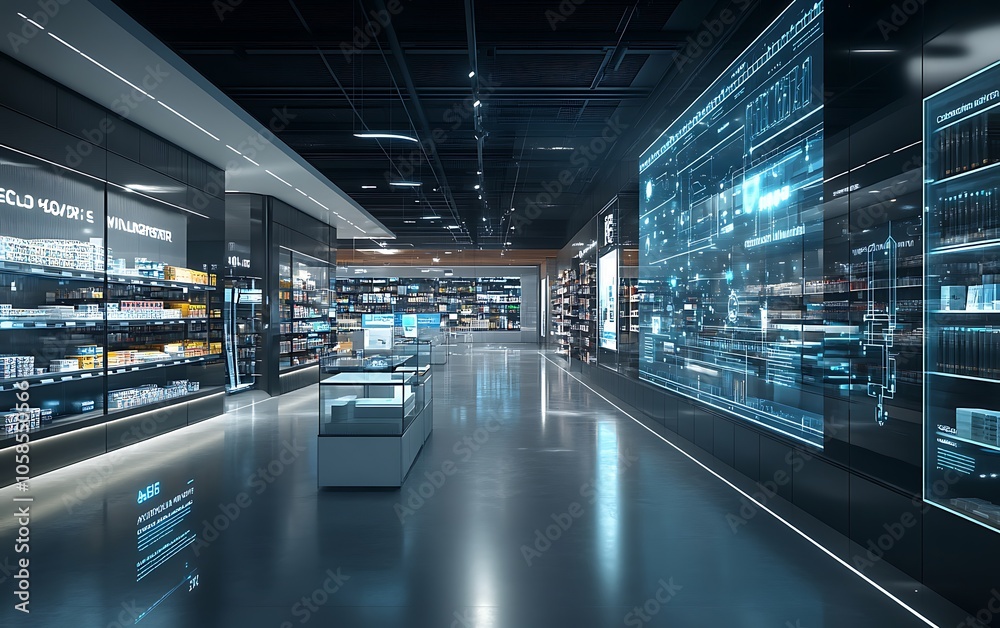 Futuristic retail environment with digital interfaces and display technology Futuristic retail environment with digital interfaces and display technology