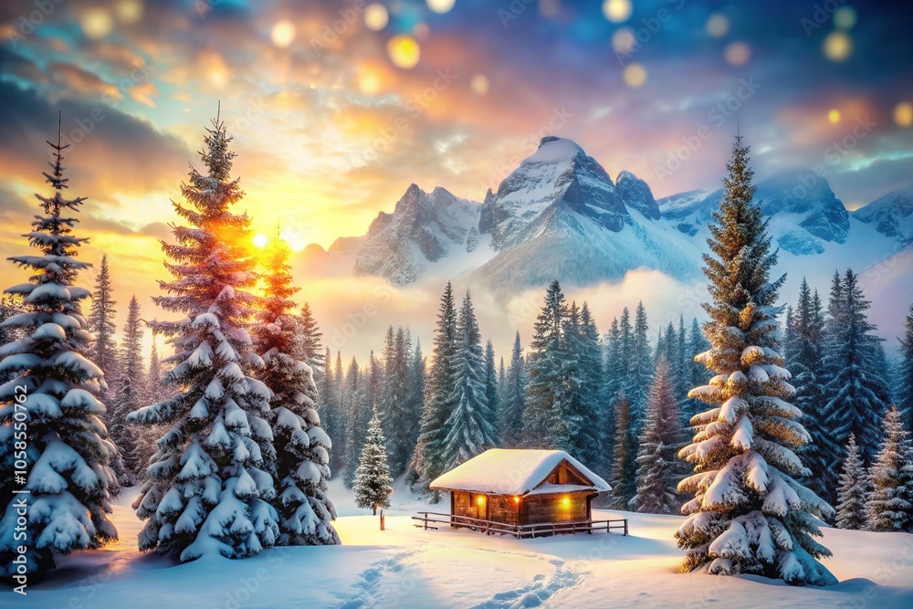 Fototapeta premium Bokeh-filled winter scene, quaint shelters nestled amidst snowy mountains.