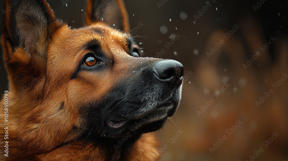 Close-up of a German Shepherd dog, looking upward. Dark background. Close-up of a German Shepherd dog, looking upward. Dark background.