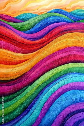 A rainbow colored landscape with exaggerated, vivid colors, symbolizing optimism and new beginnings. 