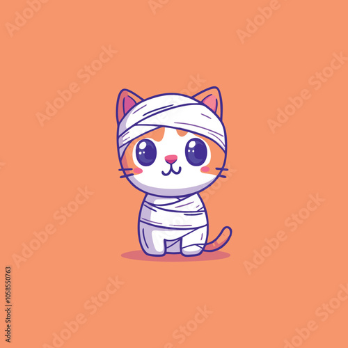 Adorable Cartoon Cat Wrapped in Bandages on Warm Orange Background with Big Eyes