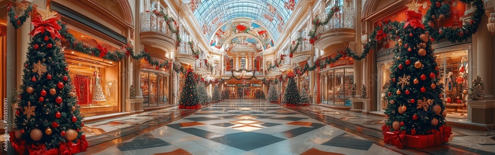 Obraz premium Beautiful holiday-decorated shopping mall during Christmas season with festive red ornaments