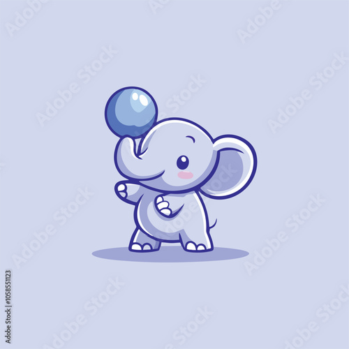 Adorable Cartoon Elephant Balancing a Blue Ball Art Illustration