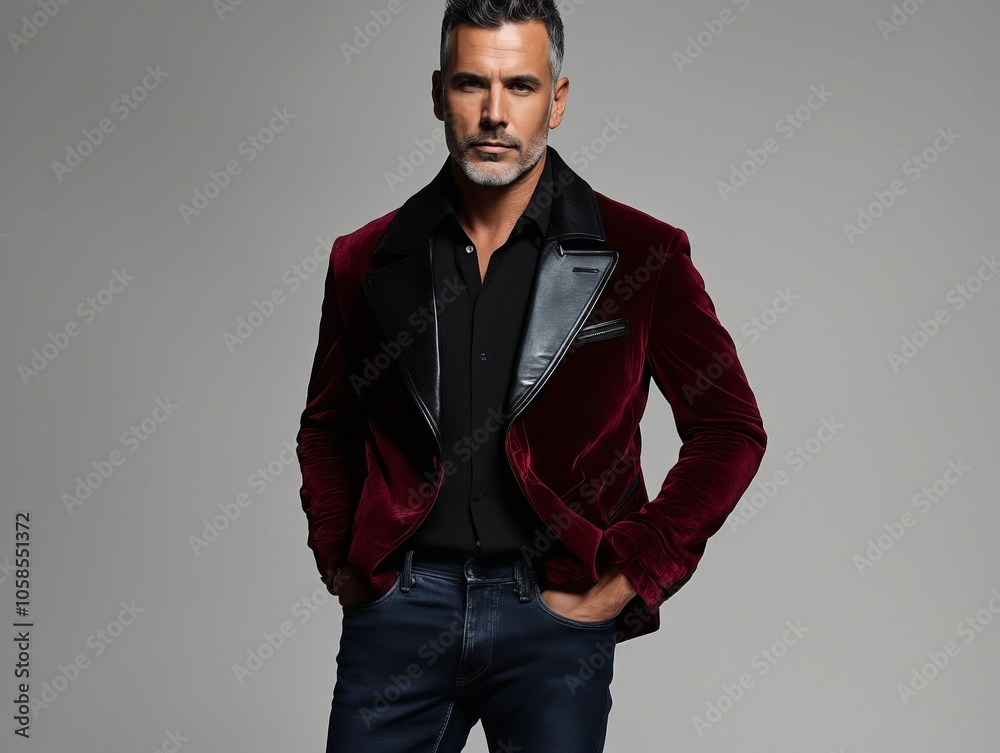 Fototapeta premium A man in a red velvet jacket and black shirt posing for a picture