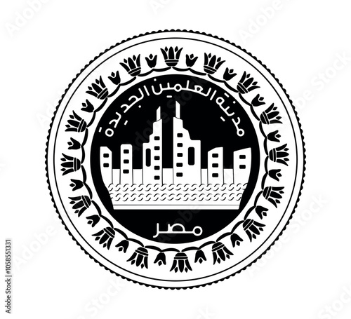 Egypt's coin 1 pound 2019 City of El Alamein. Obverse of Egyptian one pound coin in vector illustration. The coin is depicted in black and white.