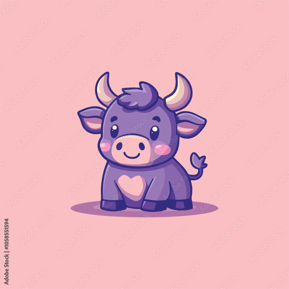 Adorable Cartoon Cow Illustration on Soft Pink Background with Cute Expression Adorable Cartoon Cow Illustration on Soft Pink Background with Cute Expression