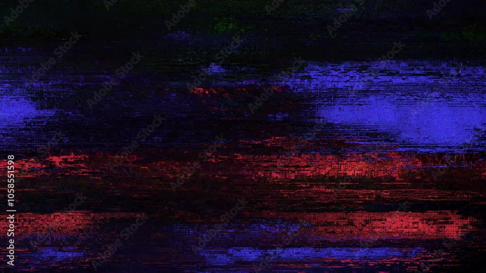 Bold distortion colored error with glitchy noise effect and grunge digital overlay for video film editing