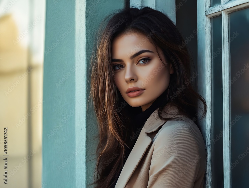 A woman leaning against a blue wall with her hands on her hips A woman leaning against a blue wall with her hands on her hips