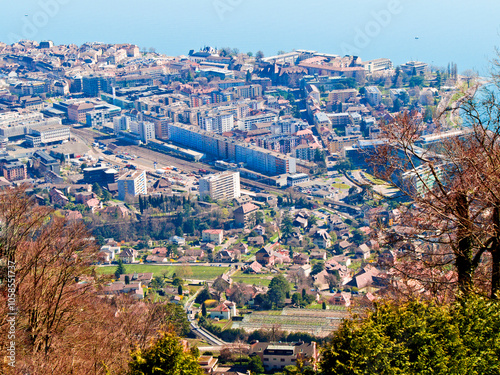 Valokuva Aerial view over City of Vevey with Lake Geneva in the background, Vevey town, Switzerland