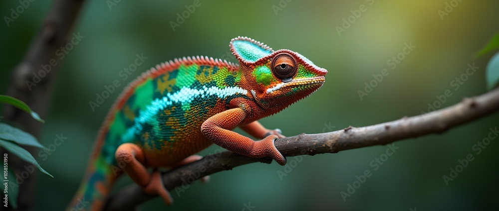 Fototapeta premium A chameleon with bright scales moves carefully along a branch.