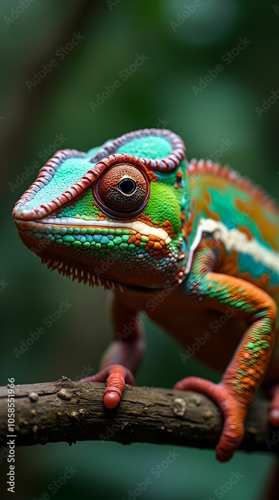 Fototapeta premium A chameleon with bright scales moves carefully along a branch.