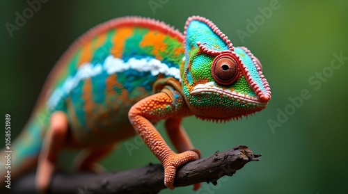 A chameleon with bright scales moves carefully along a branch.