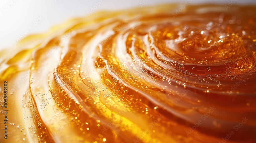 a top-down view of a circular arrangement of golden honey, showcasing its smooth, glossy texture against a pure white background, highlighting its natural sweetness a top-down view of a circular arrangement of golden honey, showcasing its smooth, glossy texture against a pure white background, highlighting its natural sweetness