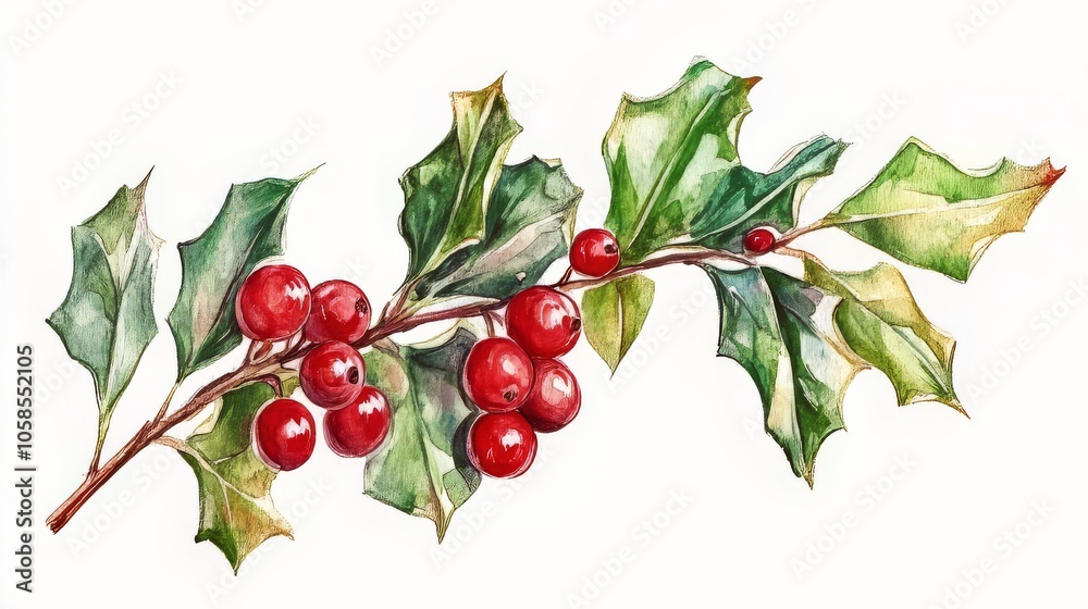 Watercolor Holly and Berries Christmas Illustration Watercolor Holly and Berries Christmas Illustration