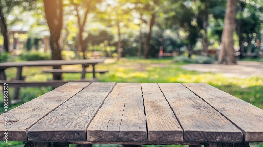 Wooden Table in Blurred Park Background Simple Neutral Background with Free Space for Design Wooden Table in Blurred Park Background Simple Neutral Background with Free Space for Design
