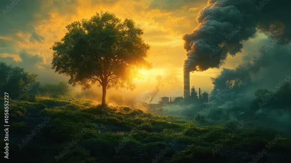a verdant tree flourishing in a sunny meadow contrasts sharply with a factory belching dark smoke, illustrating the stark impact of pollution on climate and the environment a verdant tree flourishing in a sunny meadow contrasts sharply with a factory belching dark smoke, illustrating the stark impact of pollution on climate and the environment