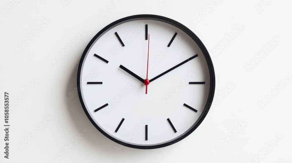 Stylish round wall clock featuring minimalistic design and black frame with red hands against a clean white background. Stylish round wall clock featuring minimalistic design and black frame with red hands against a clean white background.