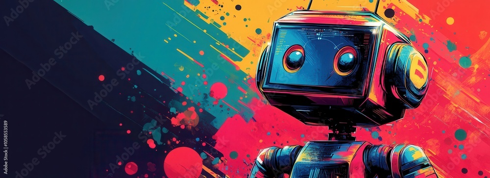 Fototapeta premium Playful AI robot made of colorful geometric shapes stands against a vibrant background, symbolizing excitement about the future of technology, background, banner