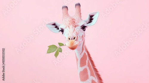 Playful giraffe with a leaf against a pastel pink background, showcasing a whimsical and vibrant atmosphere. photo