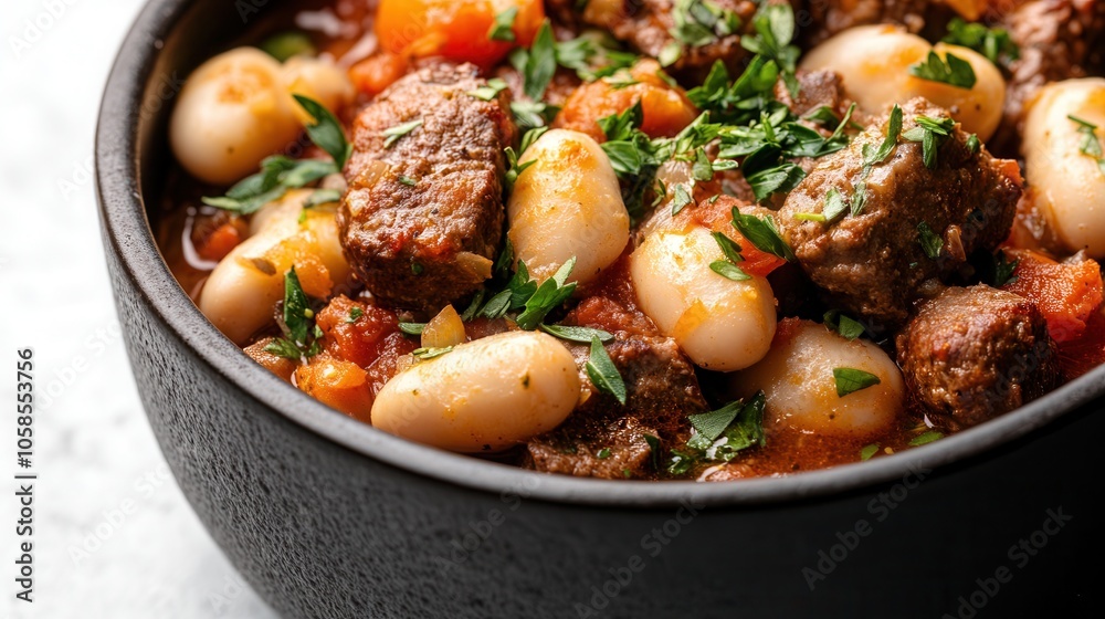 A delicious cassoulet with slow-cooked beef, sausages, white beans, and fresh herbs served in a rustic pot A delicious cassoulet with slow-cooked beef, sausages, white beans, and fresh herbs served in a rustic pot