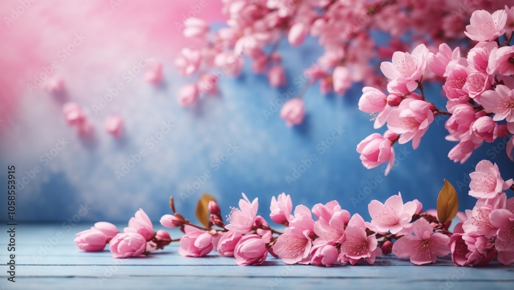 Obraz premium Spring background with pink flowers on heavenly background