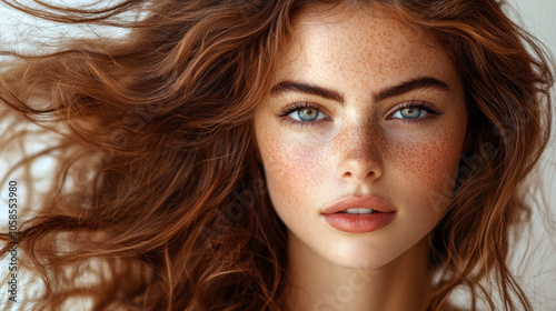 A young woman with flowing red hair and striking blue eyes gazes thoughtfully, showcasing her natural beauty in soft lighting